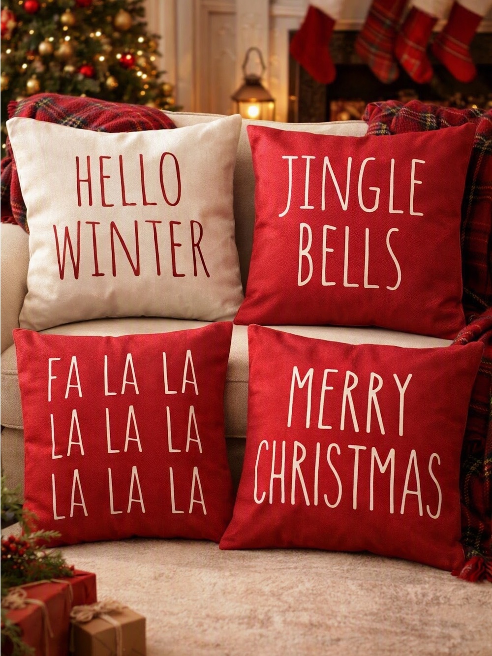 Festive Red and Cream Holiday Pillow Covers - Set of 4 Merry Christmas, Fa La La